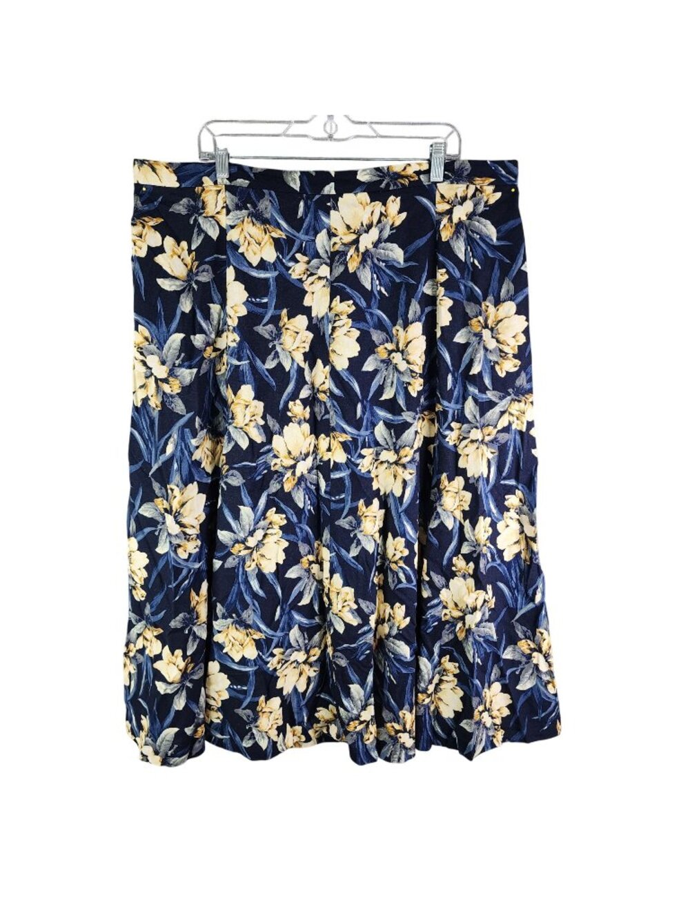 Womens Koret Floral Midi Skirt Pleated Linen Blend Blue & Yellow Plus Size 24W